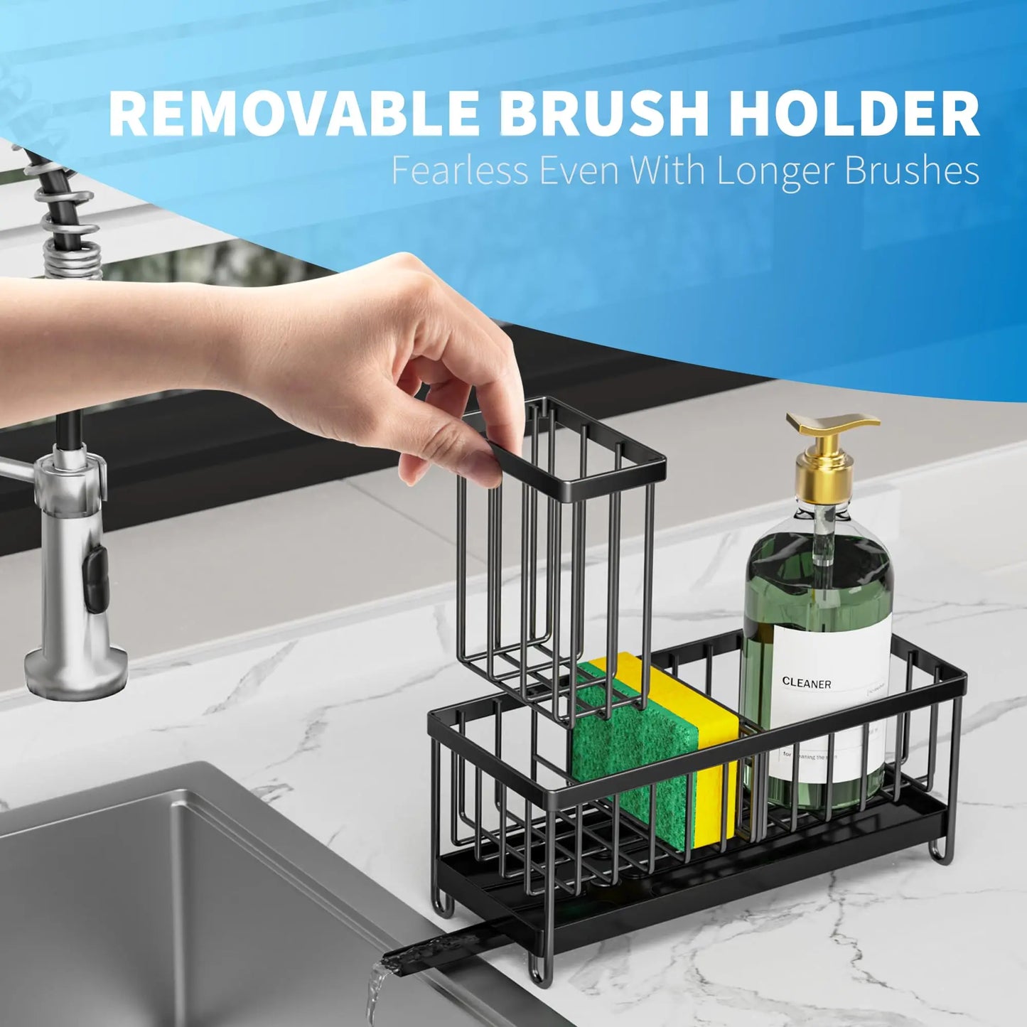 Sponge Holder for Kitchen Sink, Sink Caddy Organizer with Brush Holder Kitchen Rustproof Stainless Steel Soap Dispenser Organize