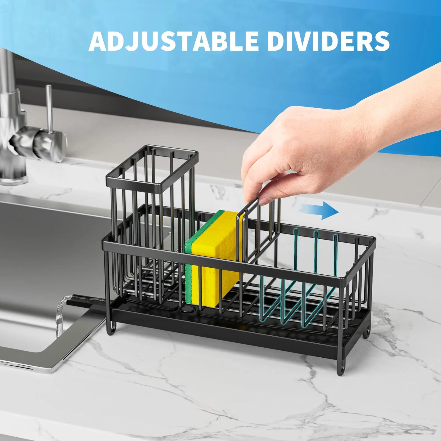 Sponge Holder for Kitchen Sink, Sink Caddy Organizer with Brush Holder Kitchen Rustproof Stainless Steel Soap Dispenser Organize