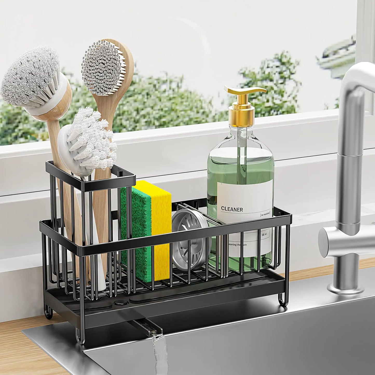 Sponge Holder for Kitchen Sink, Sink Caddy Organizer with Brush Holder Kitchen Rustproof Stainless Steel Soap Dispenser Organize